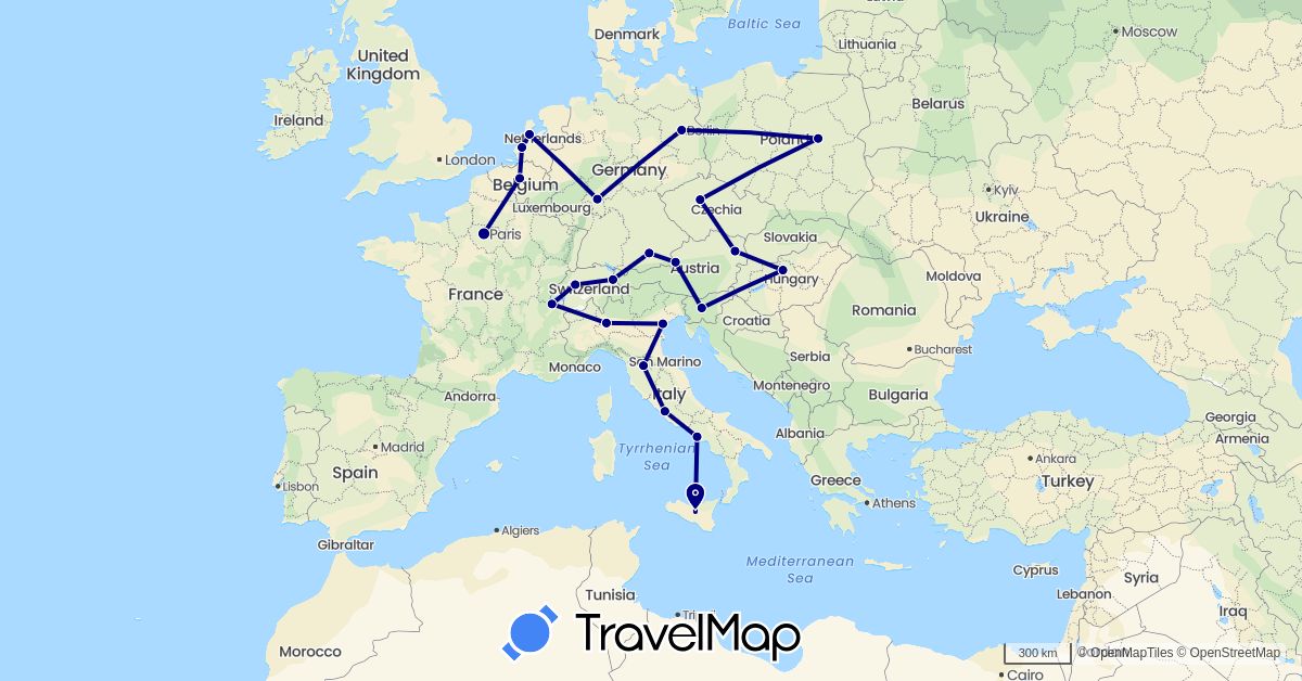 TravelMap itinerary: driving in Austria, Belgium, Switzerland, Czech Republic, Germany, France, Hungary, Italy, Liechtenstein, Netherlands, Poland, Slovenia, Vatican City (Europe)